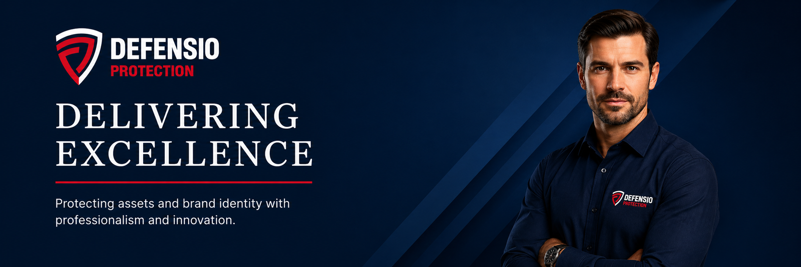 A professional banner for StateGuard Protective Services featuring the logo and the heading "DELIVERING EXCELLENCE" on a dark blue background. To the right, a licensed guard in a navy blue uniform with the company logo on the chest and sleeve stands professionally. Below the heading, the text reads, "Protecting assets and brand identity with professionalism and innovation."